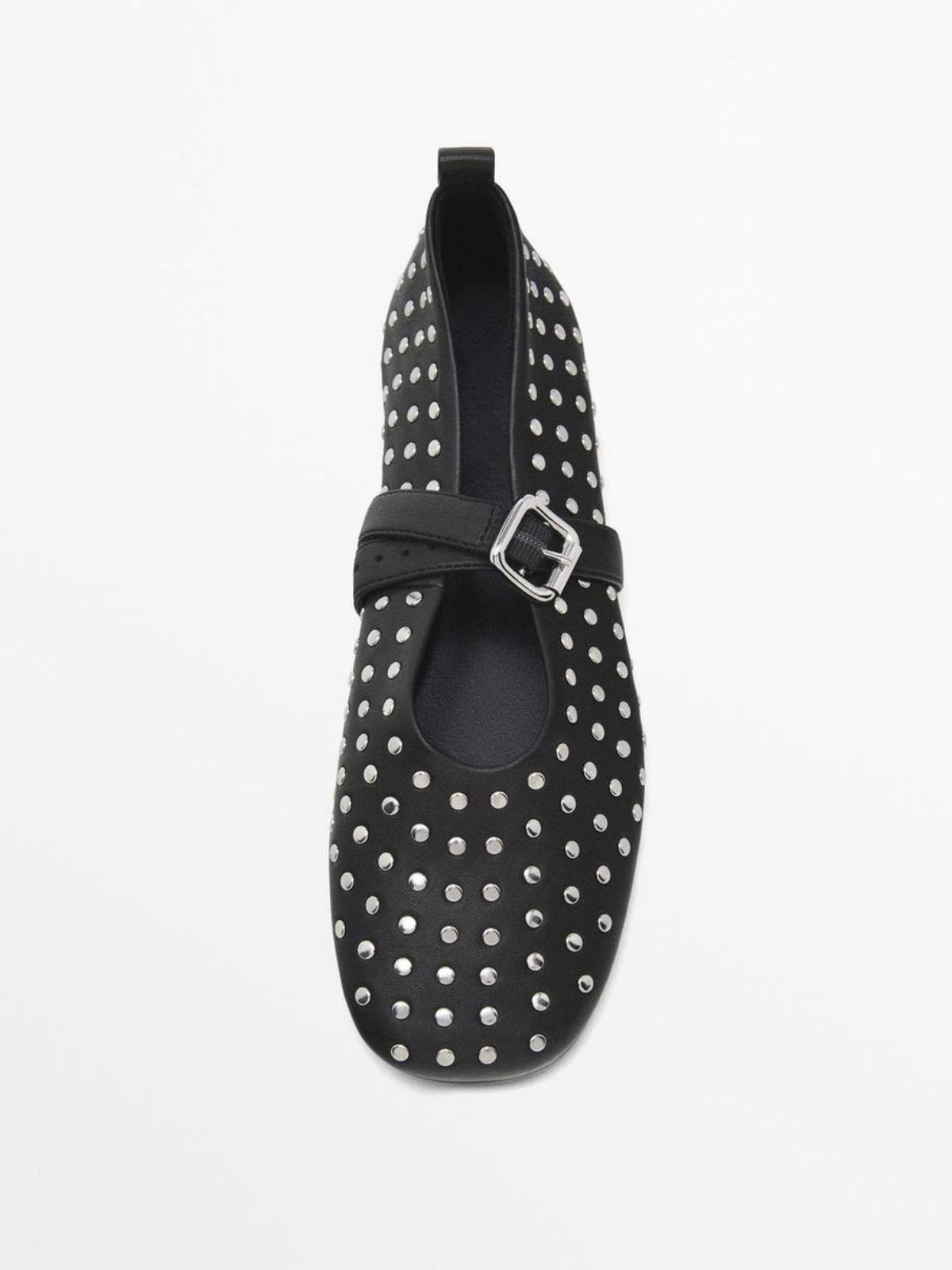 Black Square-Toe Studded Ballet Flats With Ankle Strap