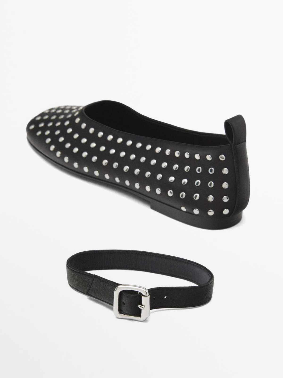 Black Square-Toe Studded Ballet Flats With Ankle Strap