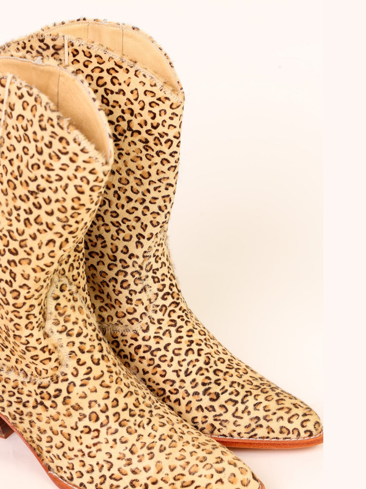 Faux Light Leopard Print Pony Hair Almond-Toe Back-Zip Mid Calf Cowgirl Boots