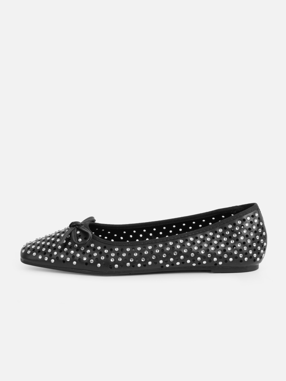 Black Shiny Rhinestone Perforations Bow Ballet Flats