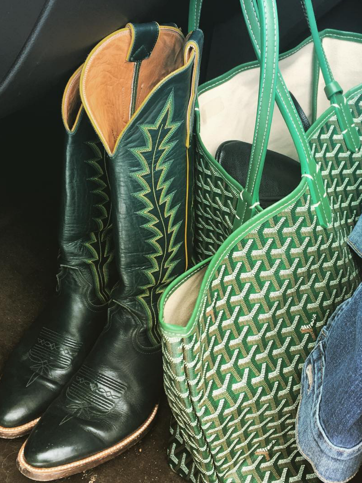 Dark Green Vegan Leather Embroidery Almond-Toe Wide Mid Calf Tall Cowgirl Boots