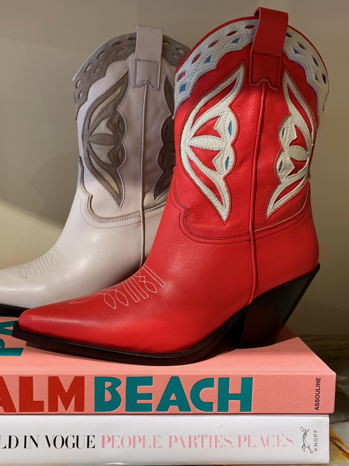 Red Pointed-Toe Ivory Inlay Applique Wide Mid Calf Cowgirl Boots