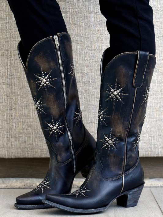 Dark Brown Snip-Toe Studded Stars Full-Zip Mid Calf Cowgirl Boots