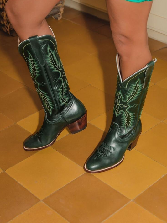 Green Embroidered Almond-Toe Mid Calf Western Boots Wide Calf Cowgirl Tall Boots