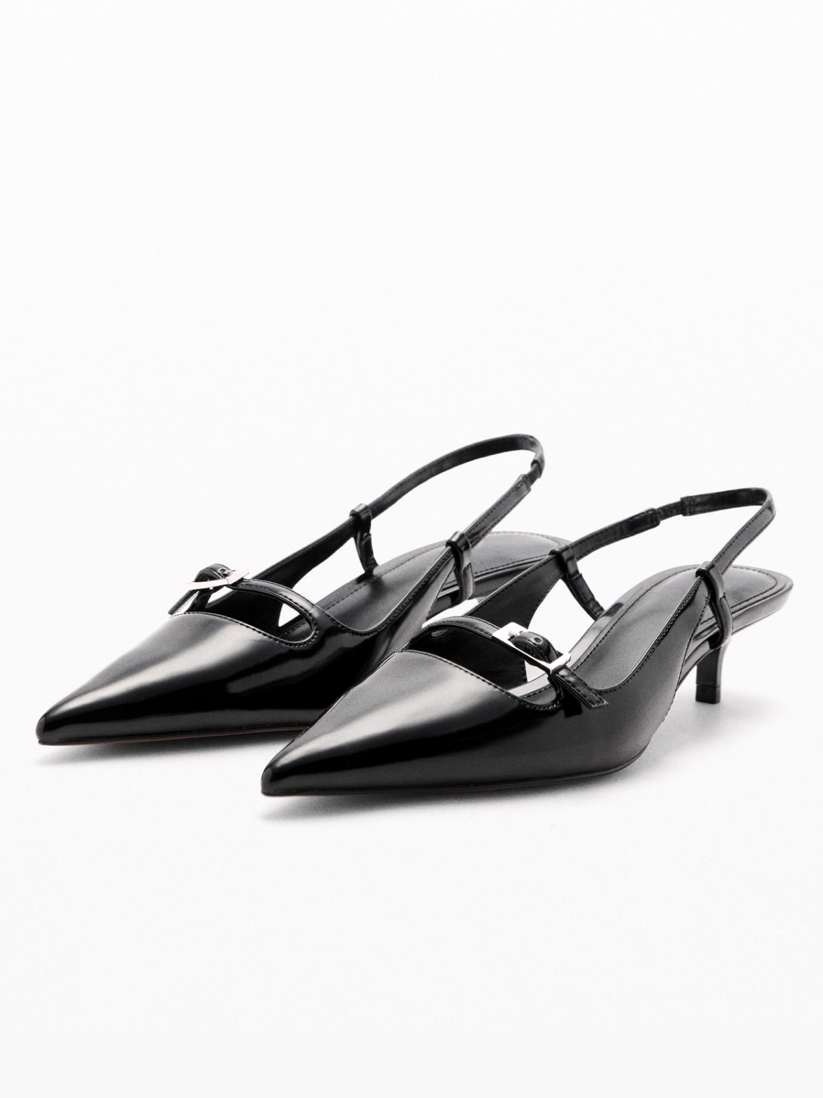 Black Patent Pointed-Toe Slingback Buckle Kitten Heels