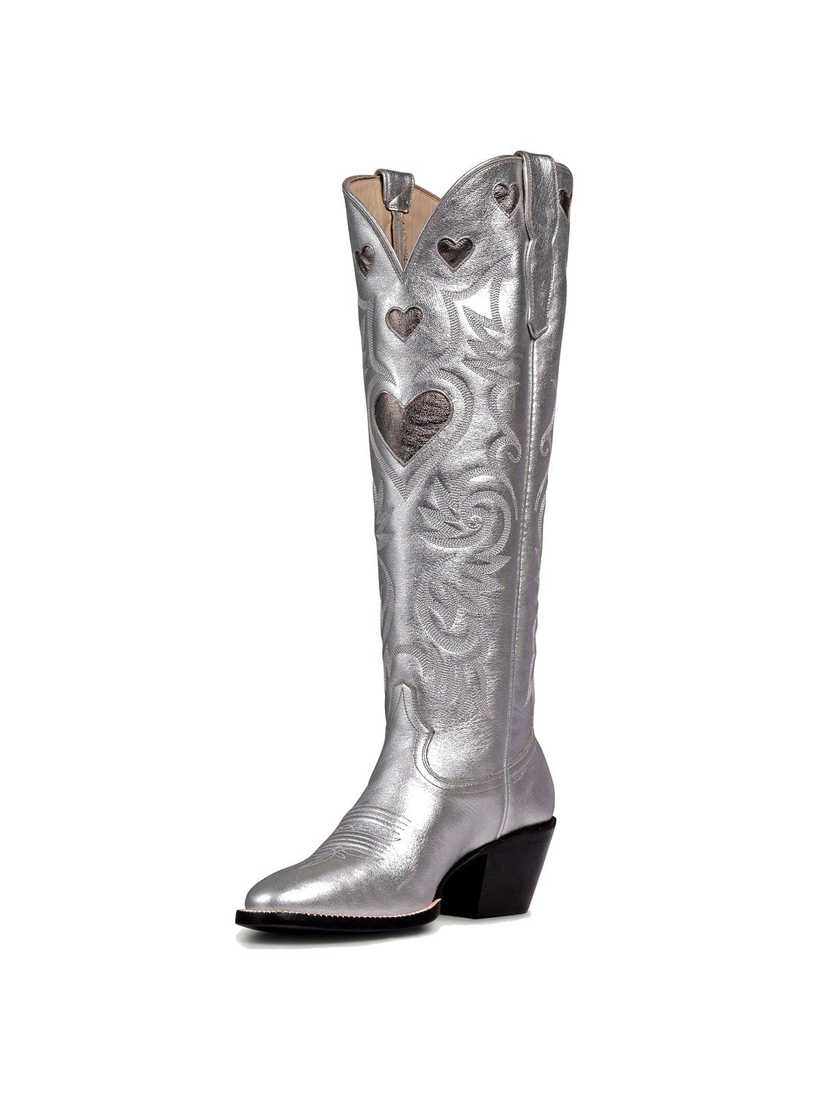 Metallic Silver Round-Toe Chic Hearts Inlay Wide Calf Knee High Cowgirl Boots