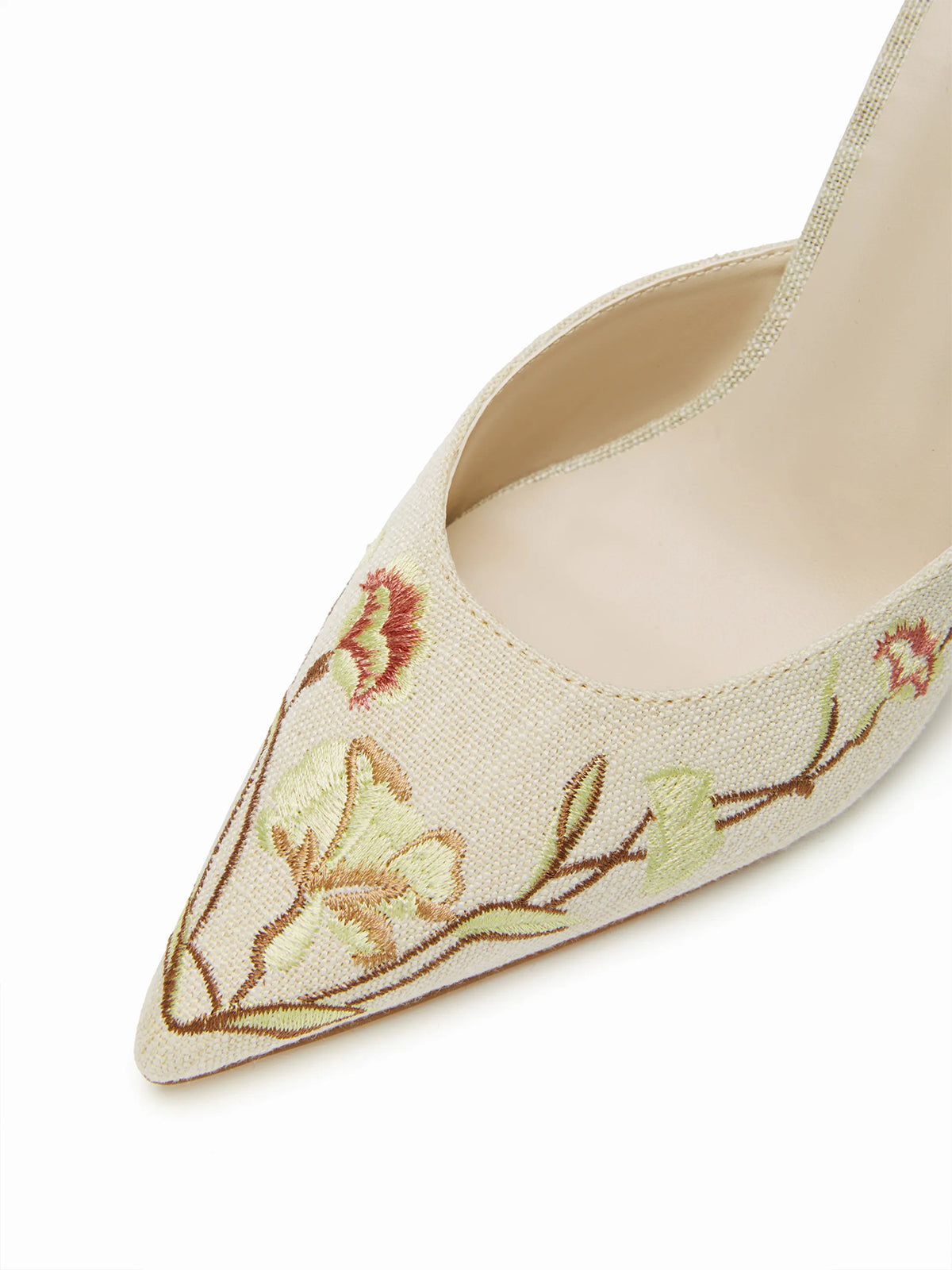 Beige Woven Canvas Pointed-Toe Flower Embroidery Slip-On High Heels