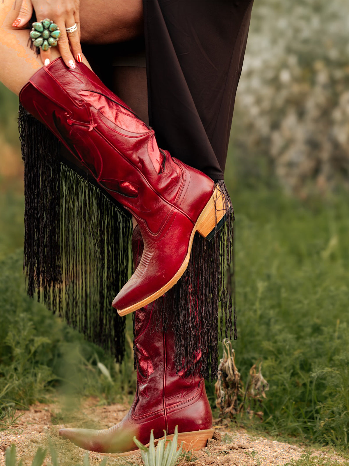 Red Snip-Toe Metallic Butterfly Inlay Wide Calf Knee High Cowgirl Boots