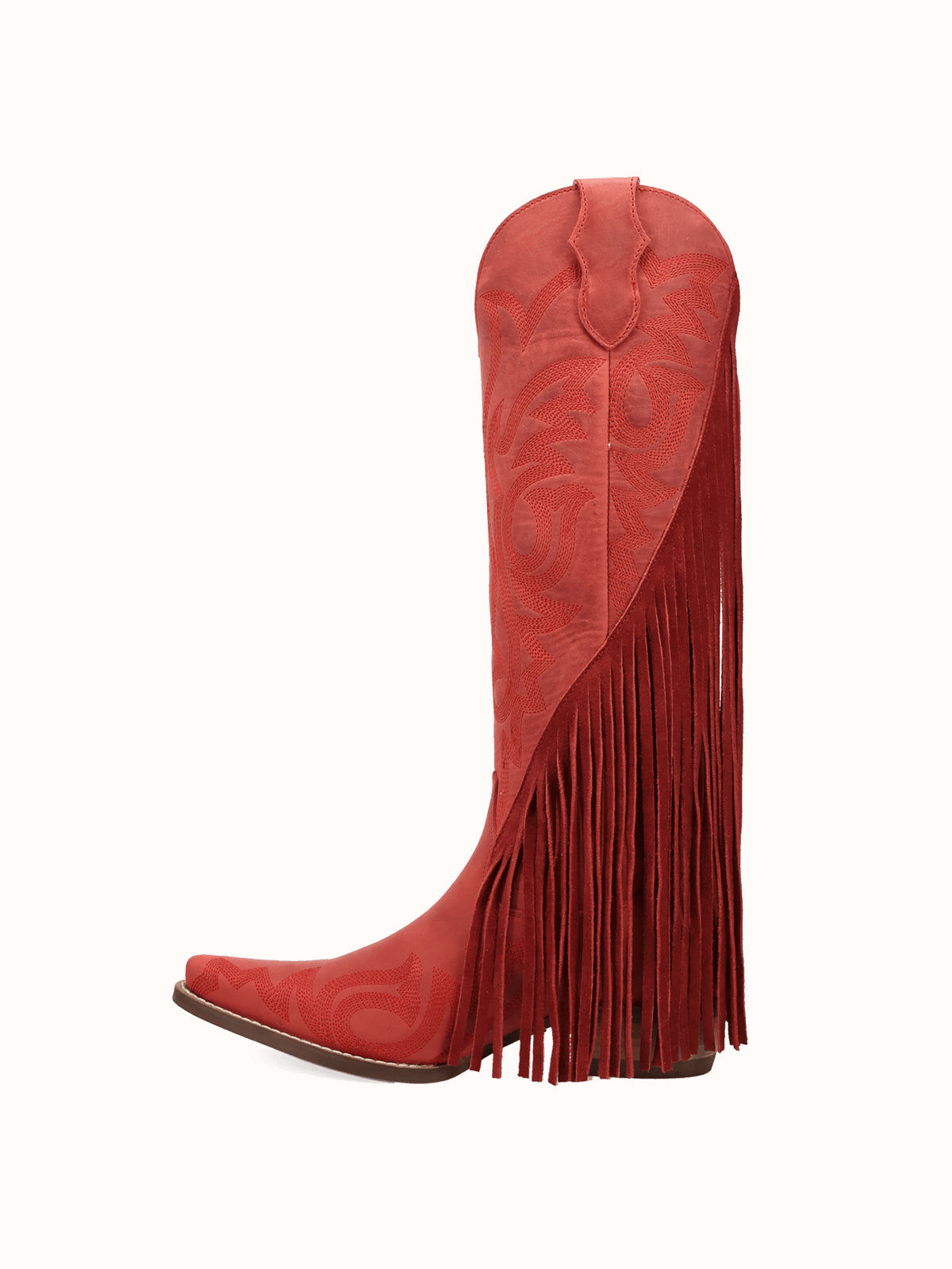Red Snip-Toe Faux Suede Side Fringe Embroidery Wide Calf Knee High Cowgirl Boots