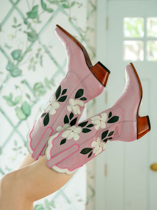 Dusty Pink Almond-Toe White Flower Inlay Wide Calf Knee High Cowgirl Boots
