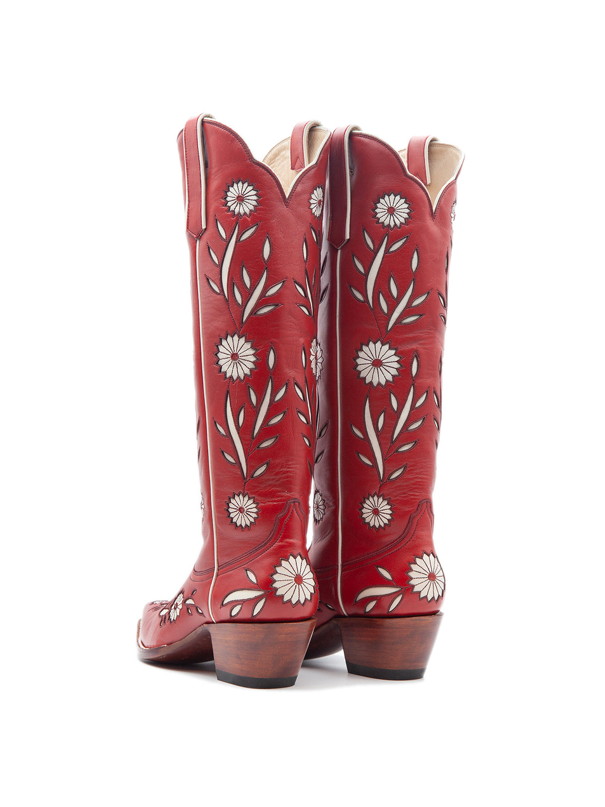 Red Pointed-Toe White Sunflower Inlay Wide Calf Knee High Cowgirl Boots