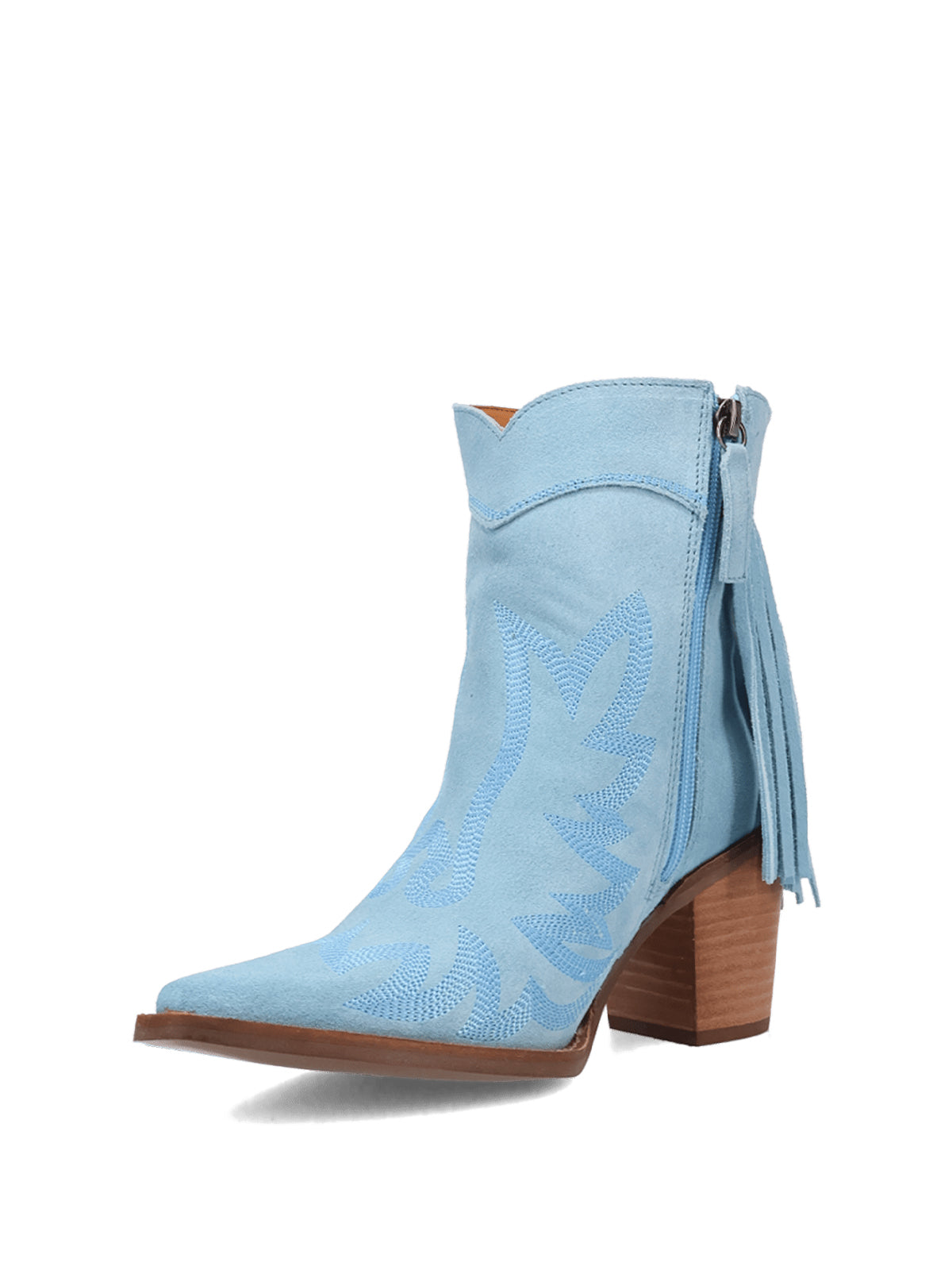 Blue Faux Suede Snip-Toe Back Fringe Full-Zip Ankle Cowgirl Boots