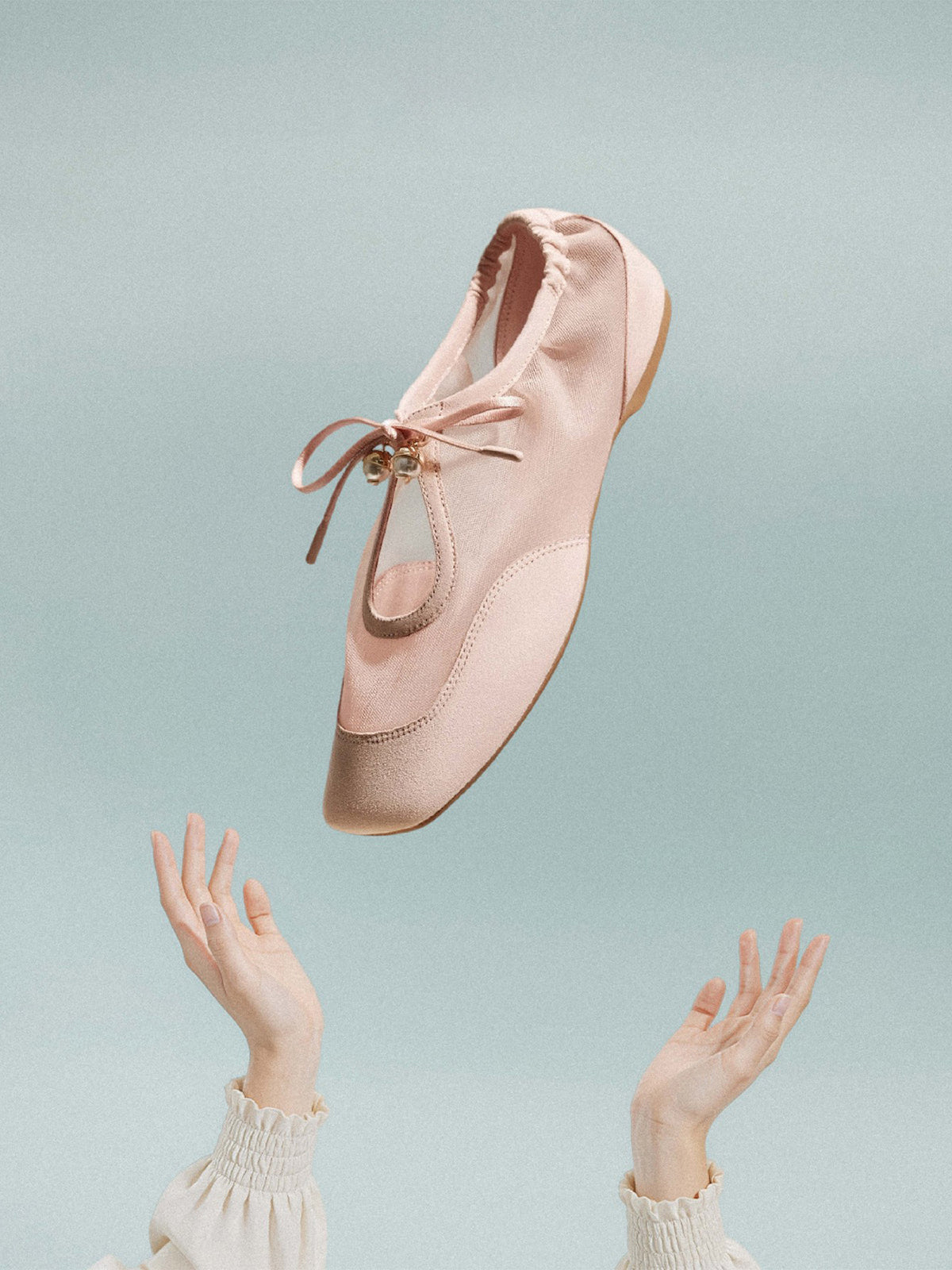 Blush Pink Mesh And Faux Suede Square-Toe Floral Embroidery Bridge Bow Strap Flats