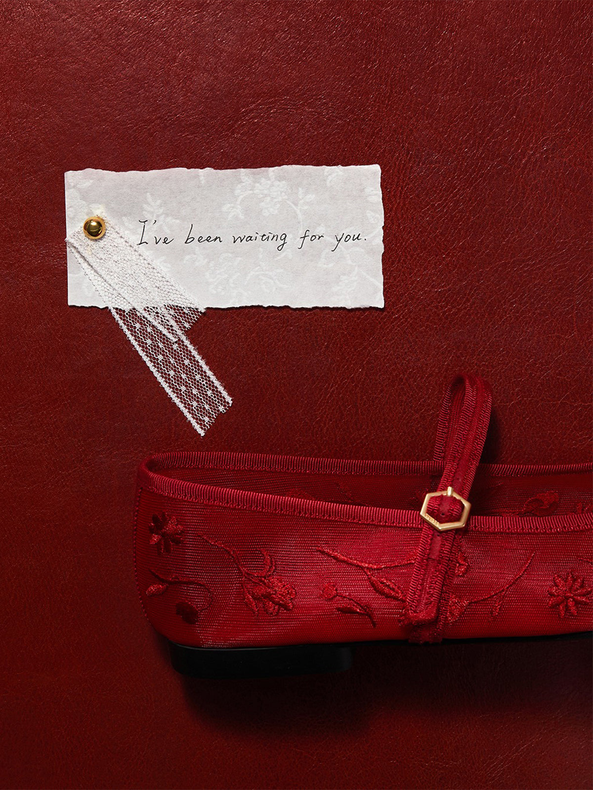 Mesh And Satin Square-Toe Floral Embroidery Mary Jane Flats - Red
