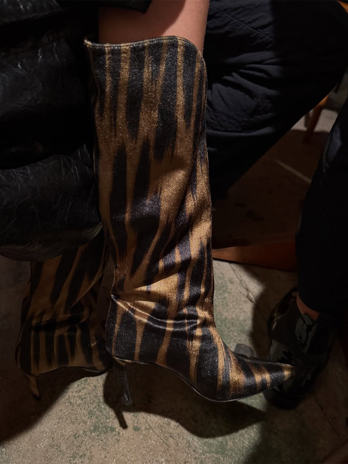 Tiger Print Lint Pointed-Toe Wide Calf Knee High Stiletto Boots
