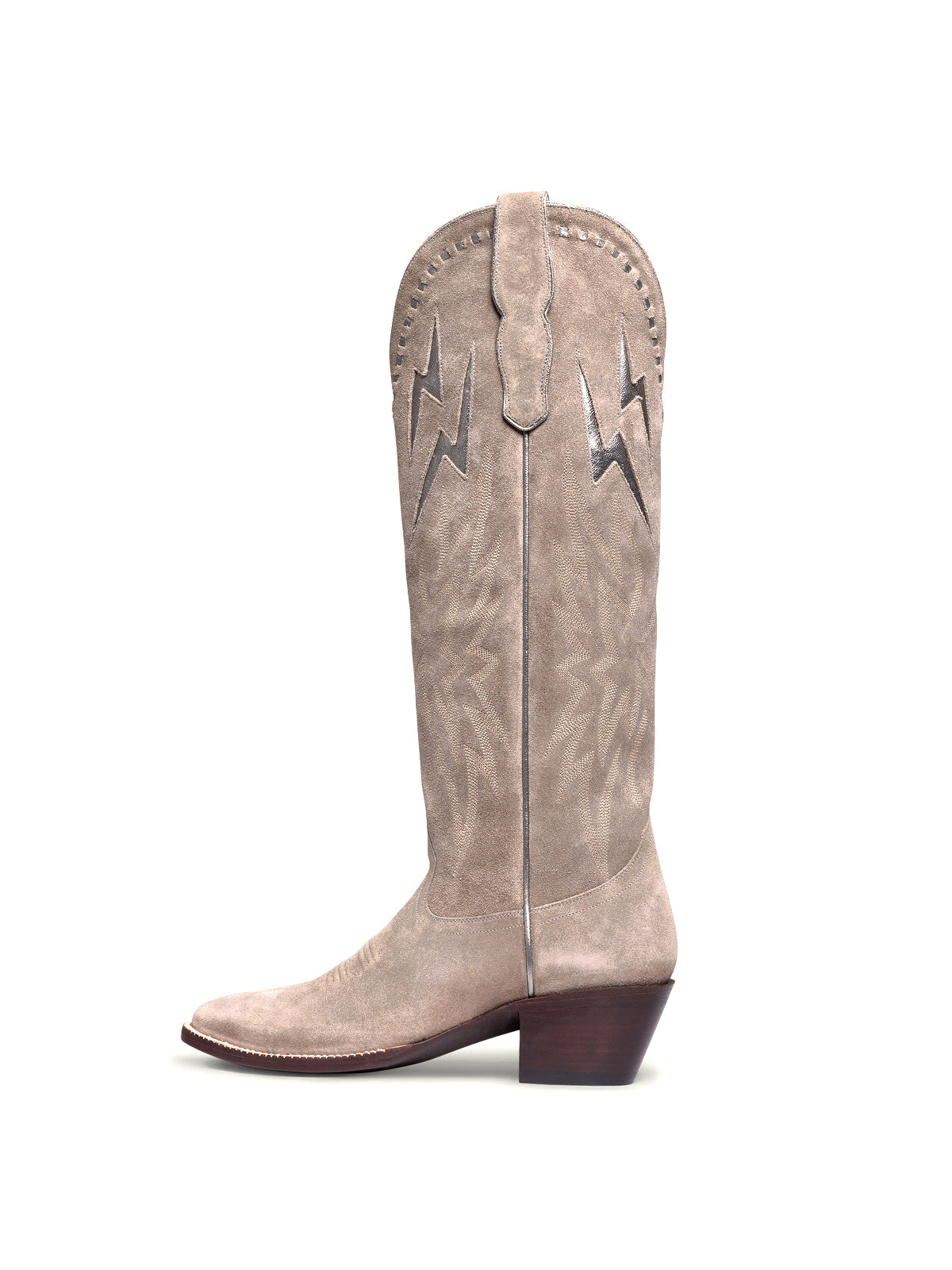 Silver Lightning Inlay Stitch Embroidery Almond-Toe Wide Calf Knee High Cowgirl Boots - Gray
