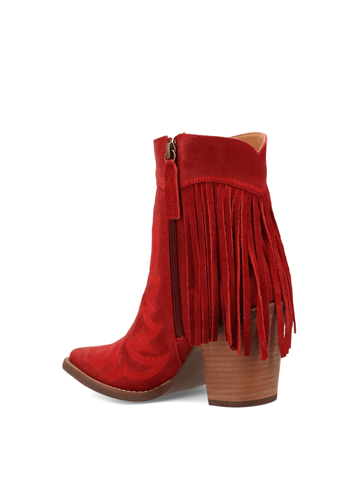Red Faux Suede Snip-Toe Back Fringe Full-Zip Ankle Cowgirl Boots