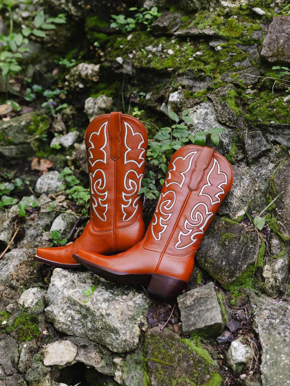 Brown Snip-Toe Stylish Inlay Classic Mid Calf Cowgirl Boots