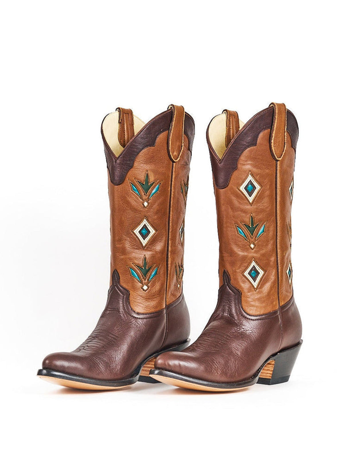Contrast Brown And Chocolate Round-Toe Inlay Mid Calf Cowgirl Boots