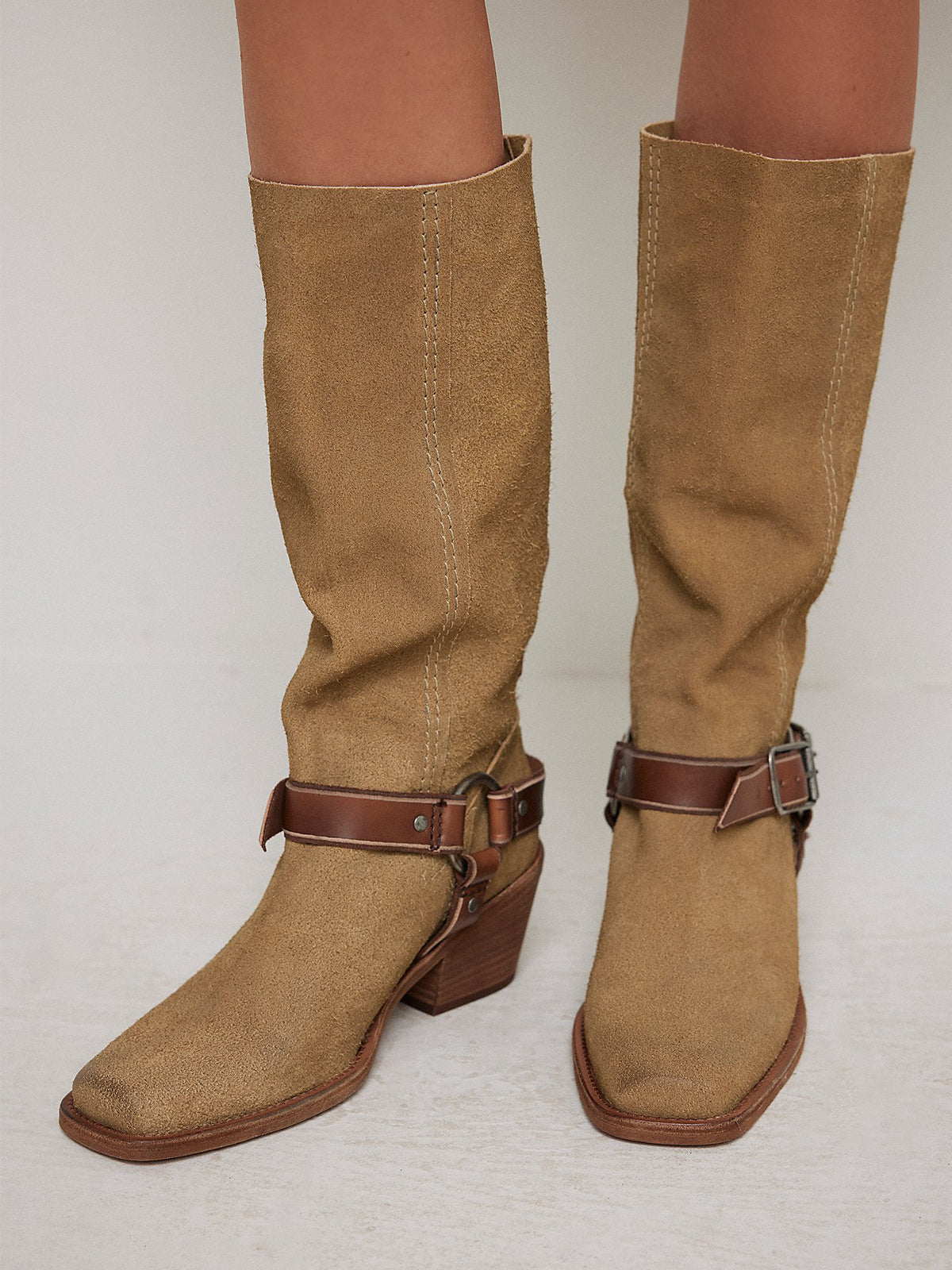 Beige Faux Suede Square-Toe Western Mid Calf Cowgirl Boots