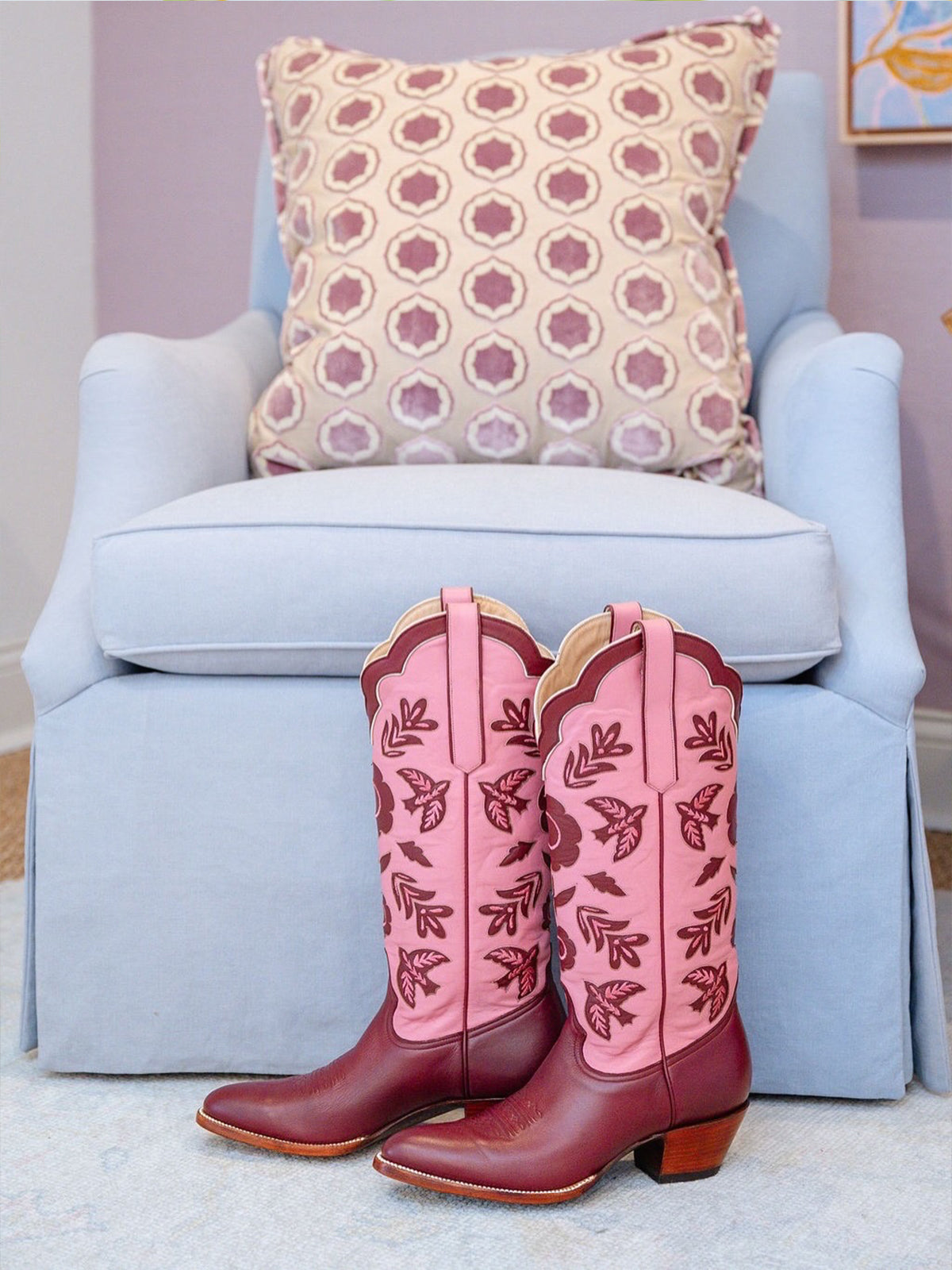 Pink And Maroon Round-Toe Birds Leaves Flowers Inlay Wide Calf Knee High Cowgirl Boots