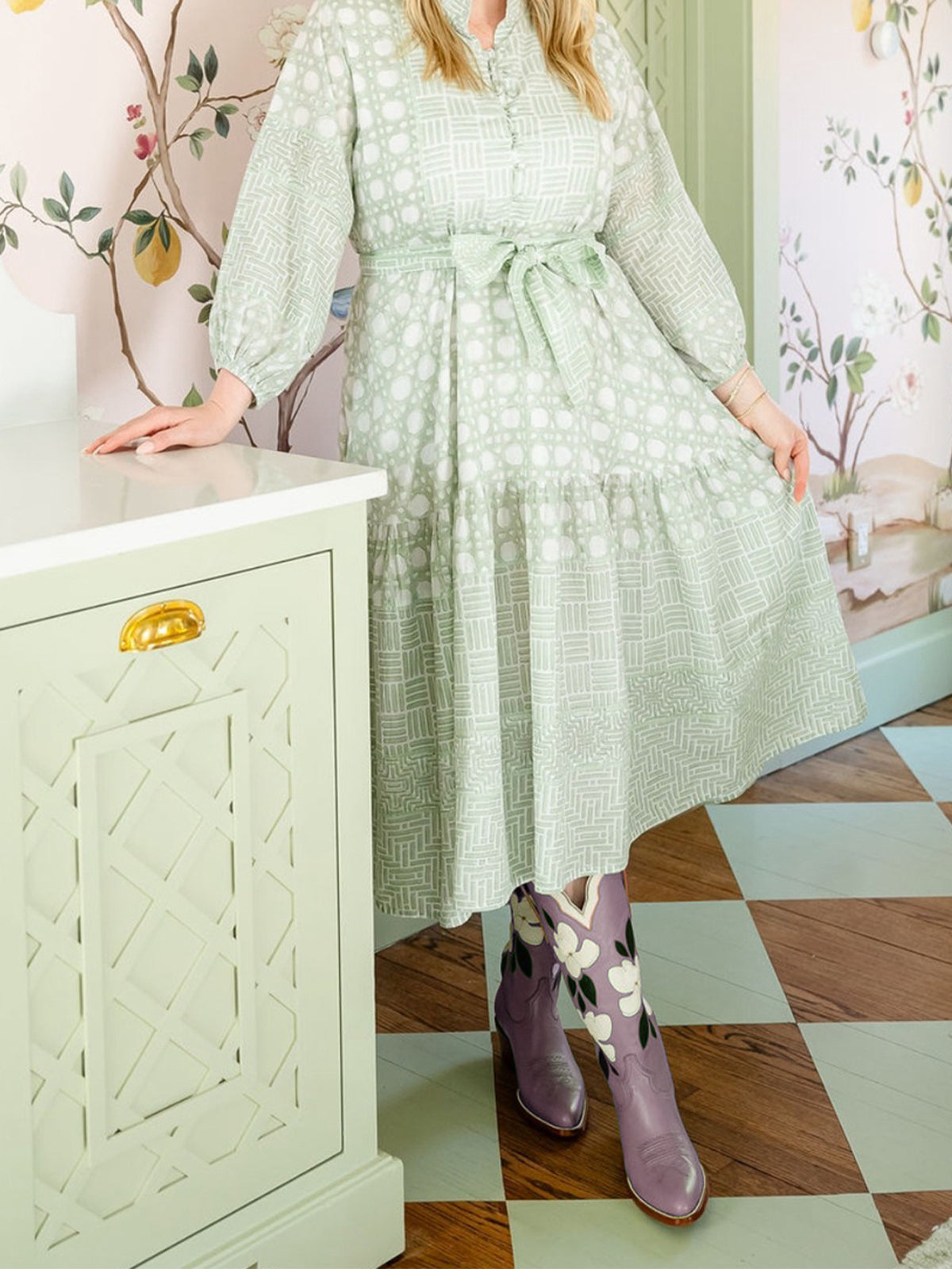 Purple Almond-Toe White Flower Inlay Wide Calf Knee High Cowgirl Boots