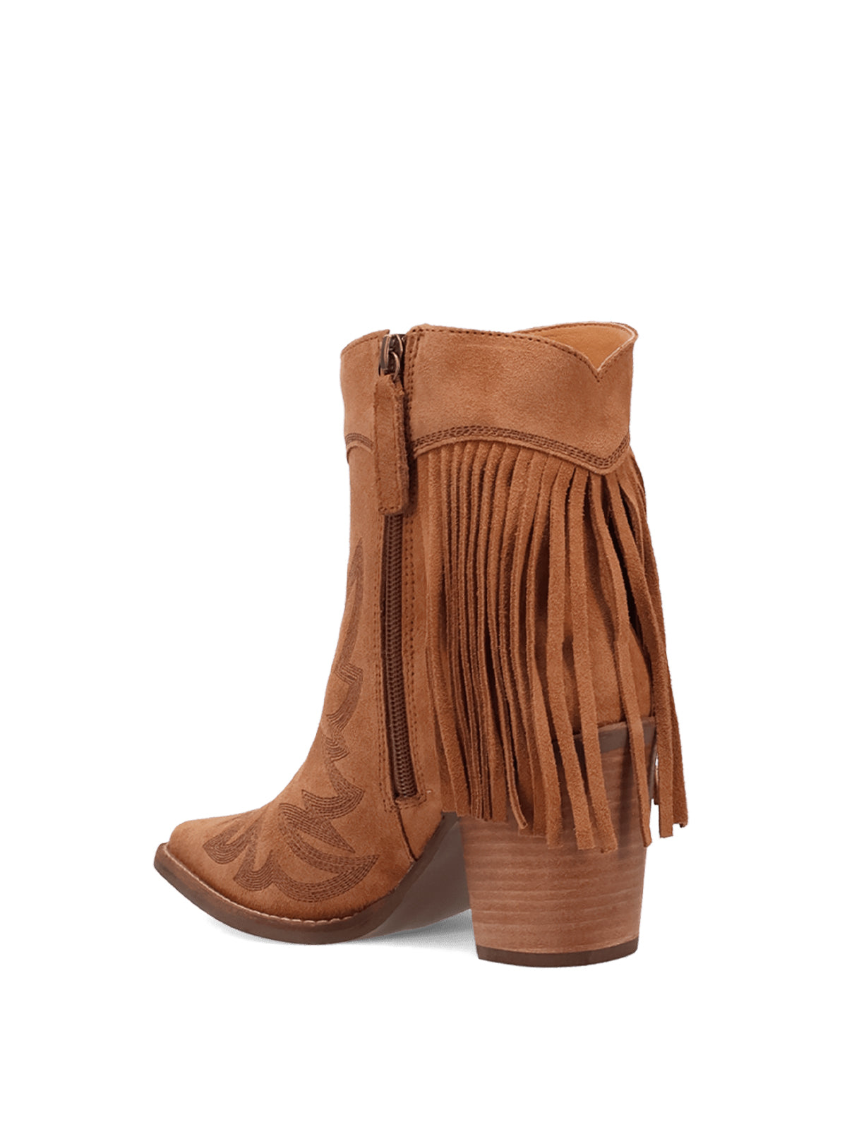 Brown Faux Suede Snip-Toe Back Fringe Full-Zip Ankle Cowgirl Boots