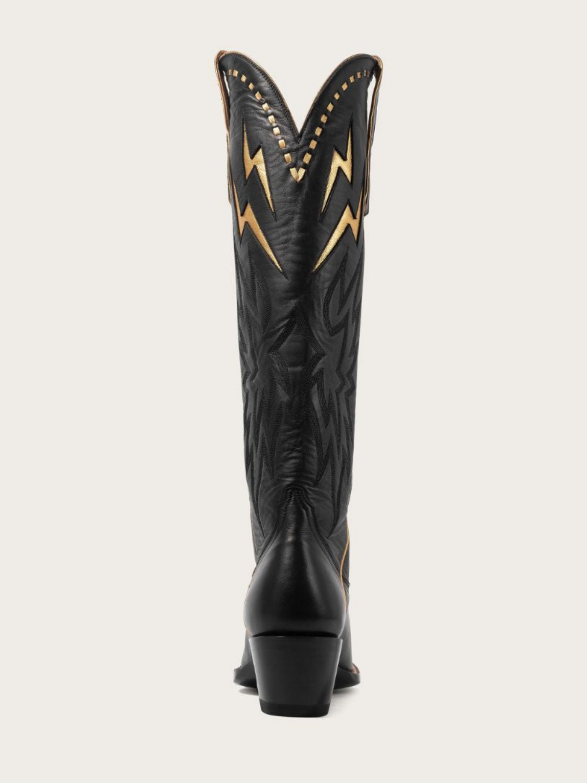 Metallic Gold Lightning Inlay Stitch Embroidery Almond-Toe Wide Mid Calf Tall Cowgirl Boots - Black