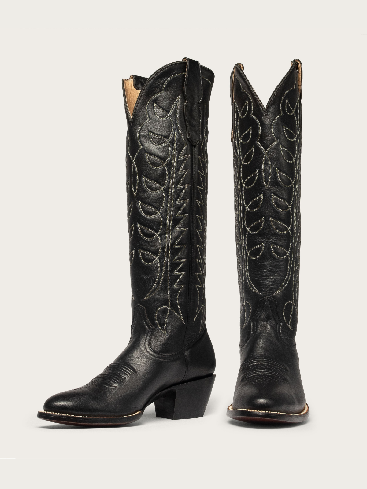 Black Embroidery Almond-Toe Wide Mid Calf Tall Cowboy Boots For Women