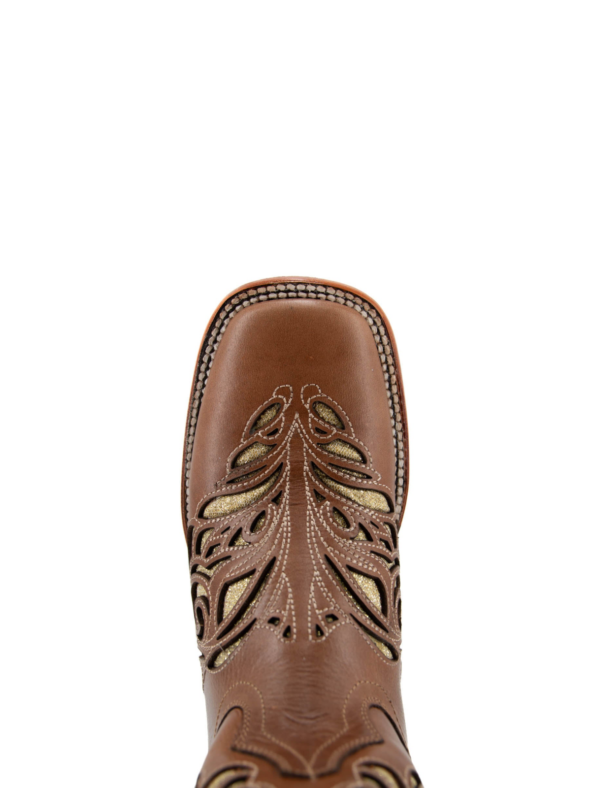 Brown Square-Toe Inlay Giltter Wide Mid Calf Cowgirl Boots