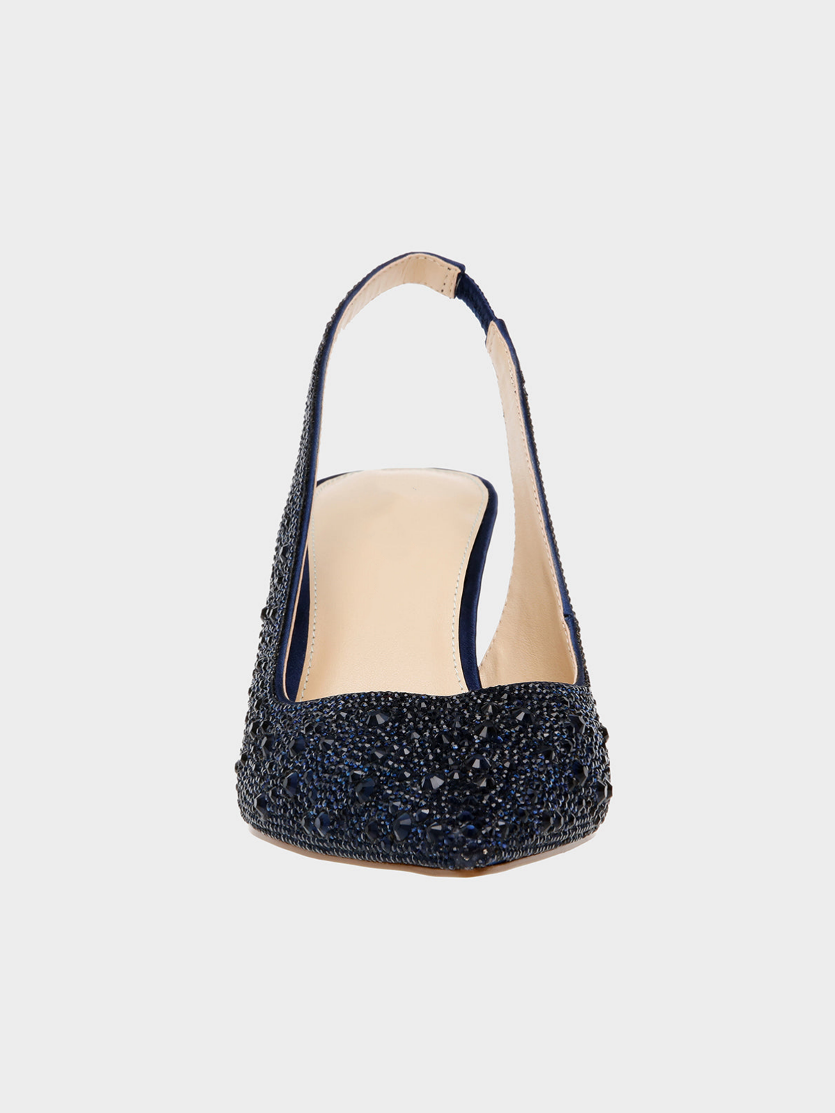 Navy Blue Faux Suede Pointed-Toe Rhinestone Slingback Kitten Heels