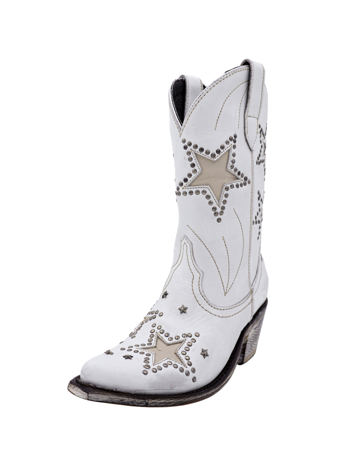 White Almond-Toe Faux Suede Star Inlay And Applique Studded Wide Mid Calf Cowgirl Boots