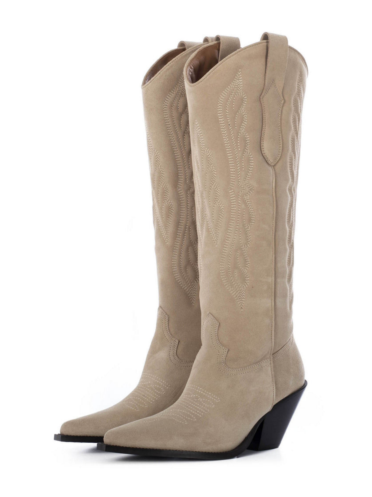 Wing Embroidery Faux Suede Pointed-Toe Wide Calf Tall Knee High Cowgirl Boots - Sand