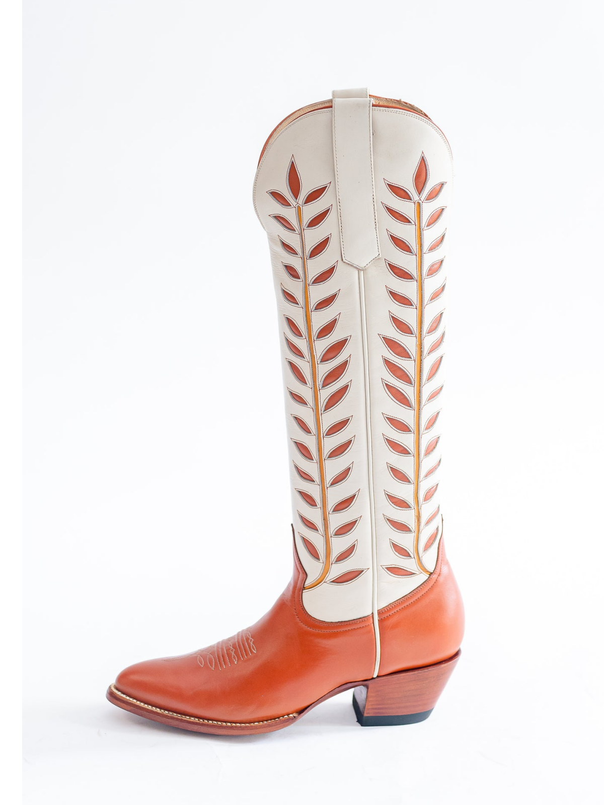 Almond-Toe Leaves Inlay Wide Calf Tall Knee High Cowgirl Boots - Contrast Orange And Ivory