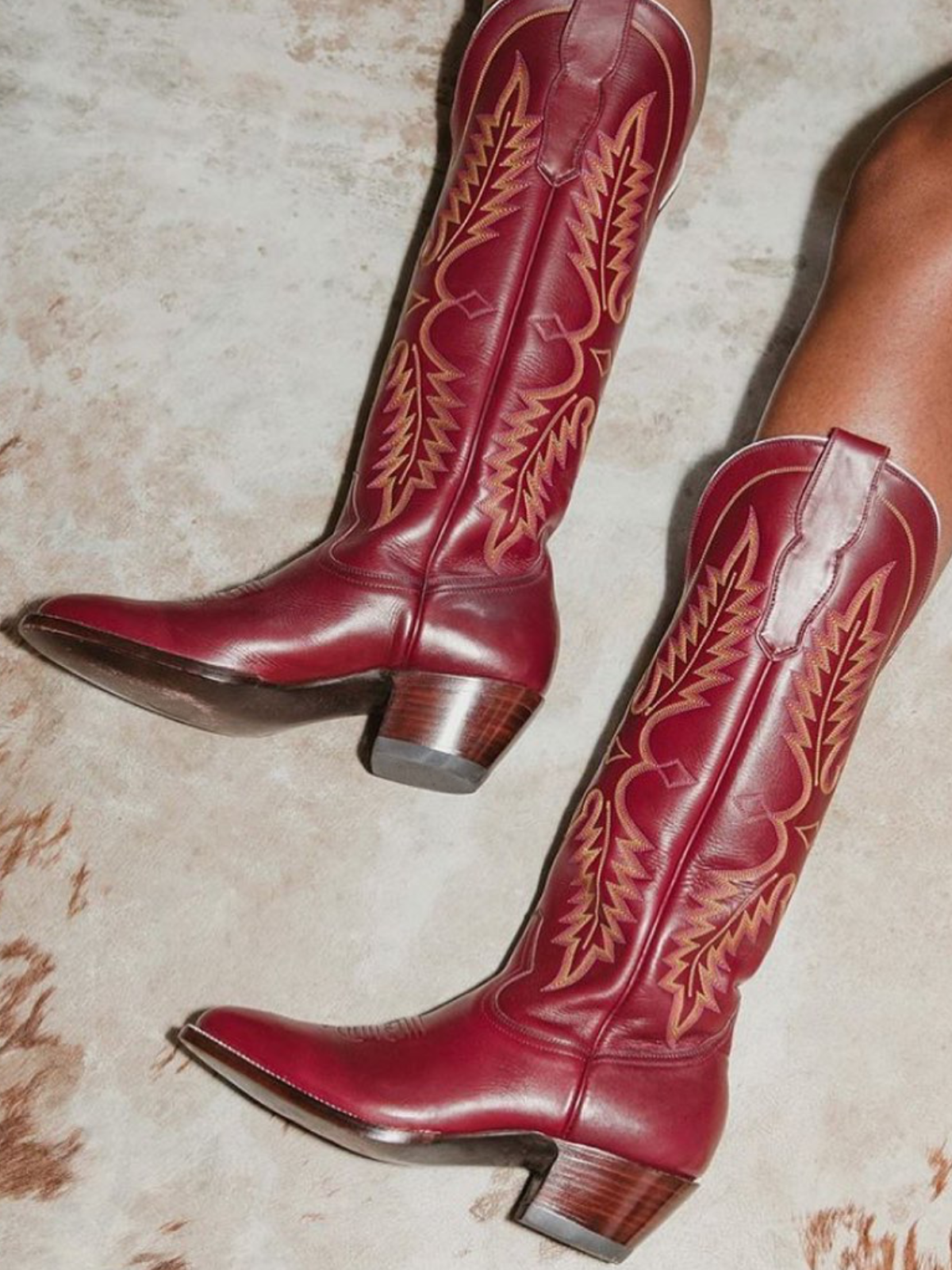 Red Embroidered Almond-Toe Mid Calf Western Boots Wide Calf Cowgirl Tall Boots