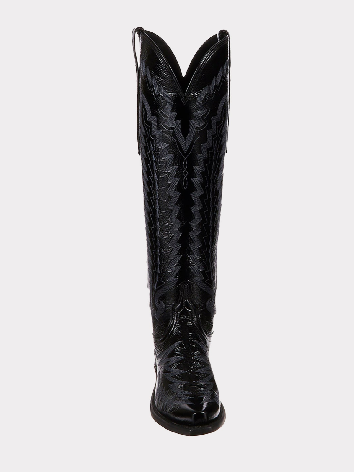 Crinkle Patent Snip-Toe Embroidery Wide Calf Knee High Tall Cowgirl Boots - Black