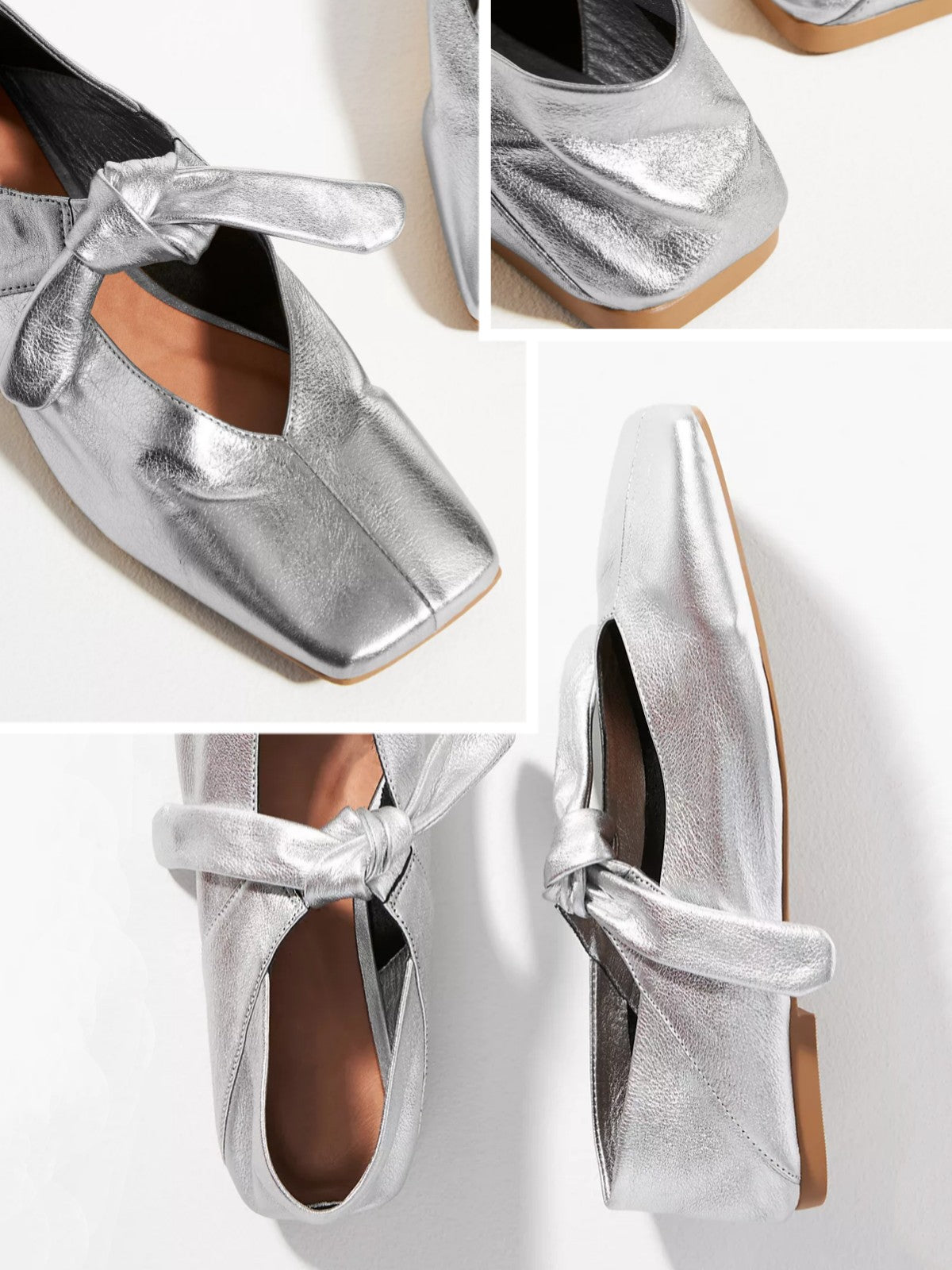 Crinkle Metallic Silver Square Toe Knot Bow Mary Janes Tied Flats Slippers