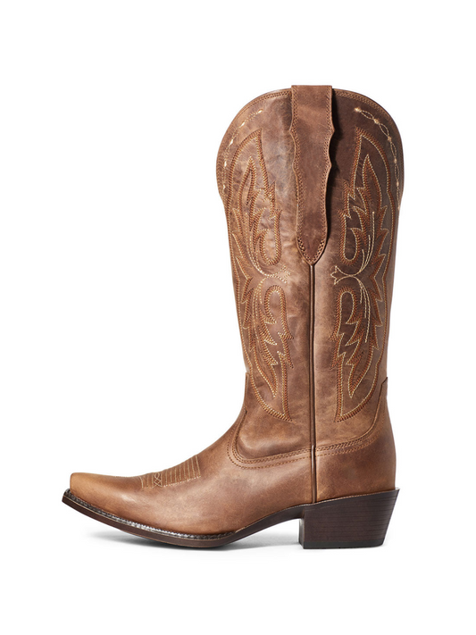 Distressed Brown Snip-Toe Embroidery Wide Mid Calf Classic Cowgirl Boots