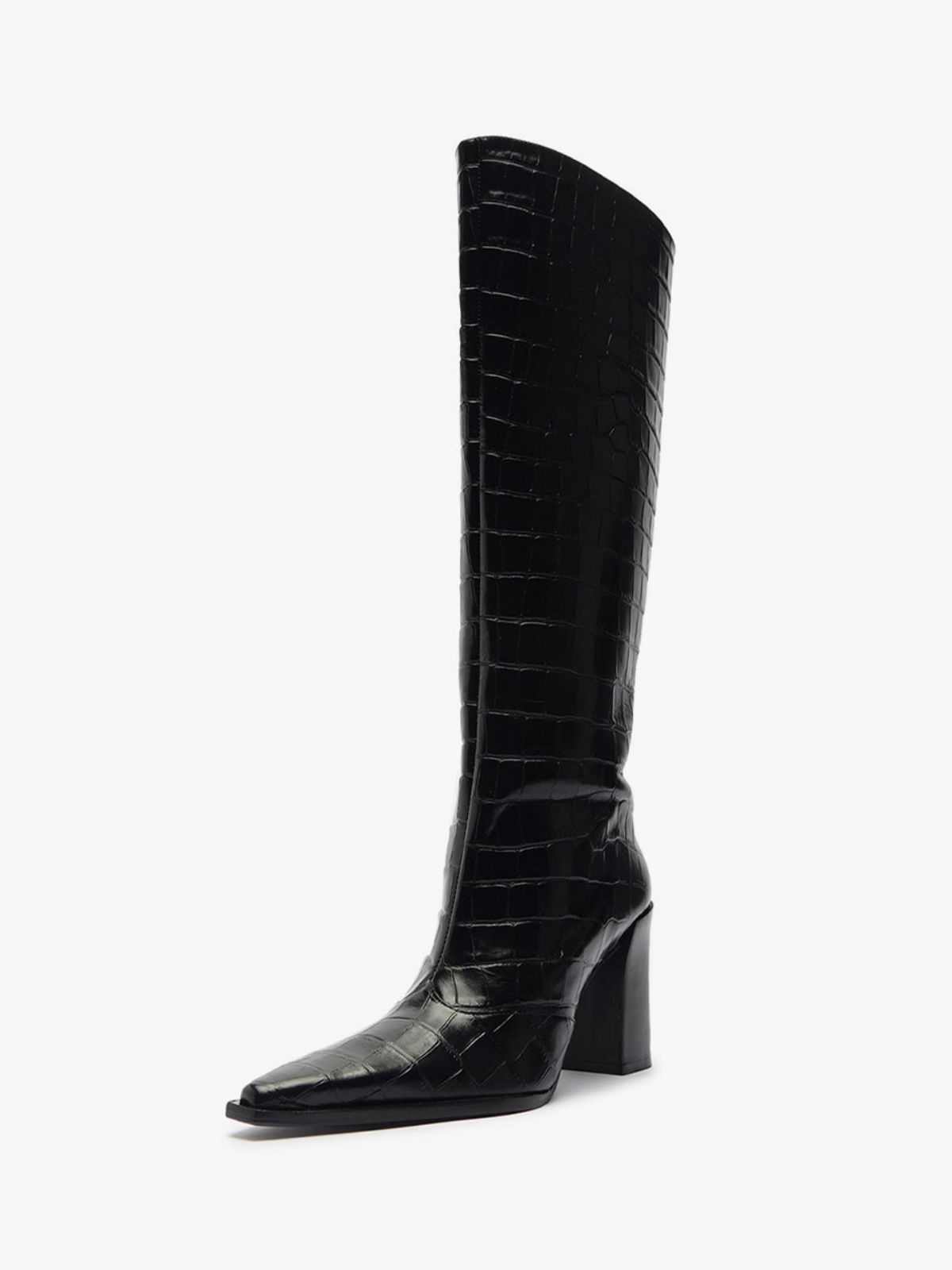 Black Crocodile-Embossed Full-Zip Mid Calf Boots