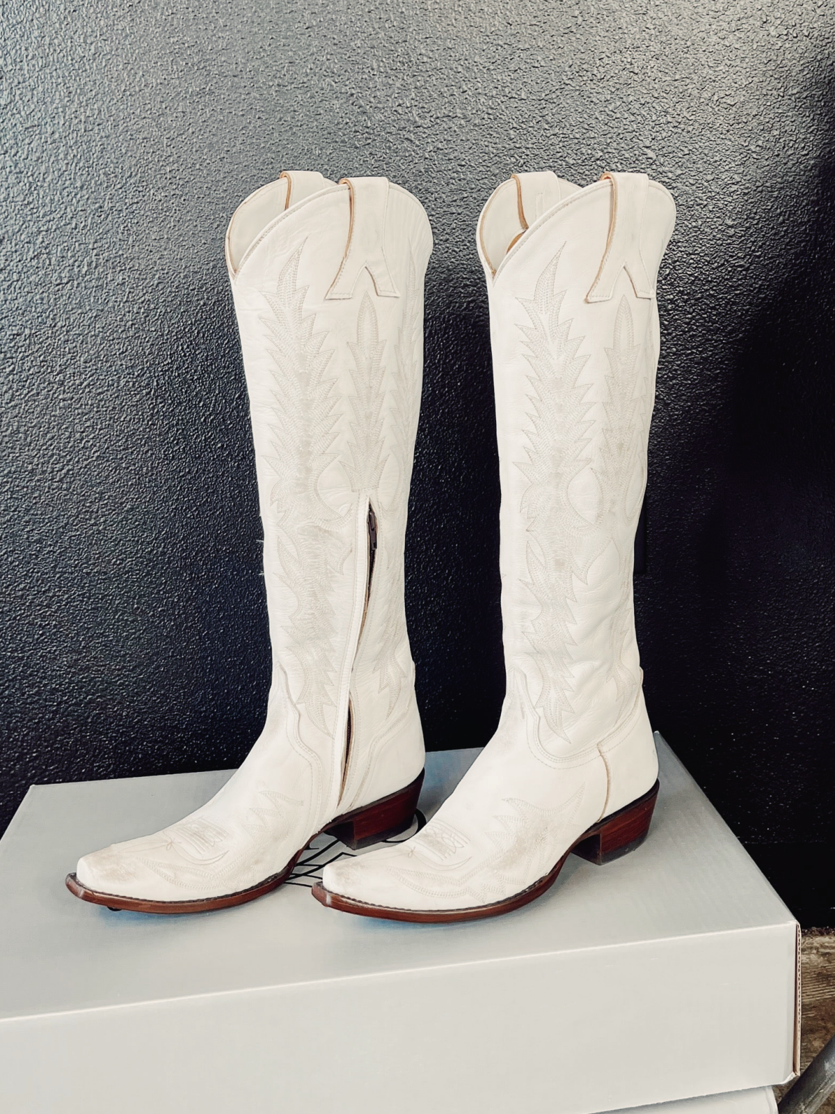 Distressed White Embroidery Snip-Toe Half-Zip Western Boots Knee High Tall Boots