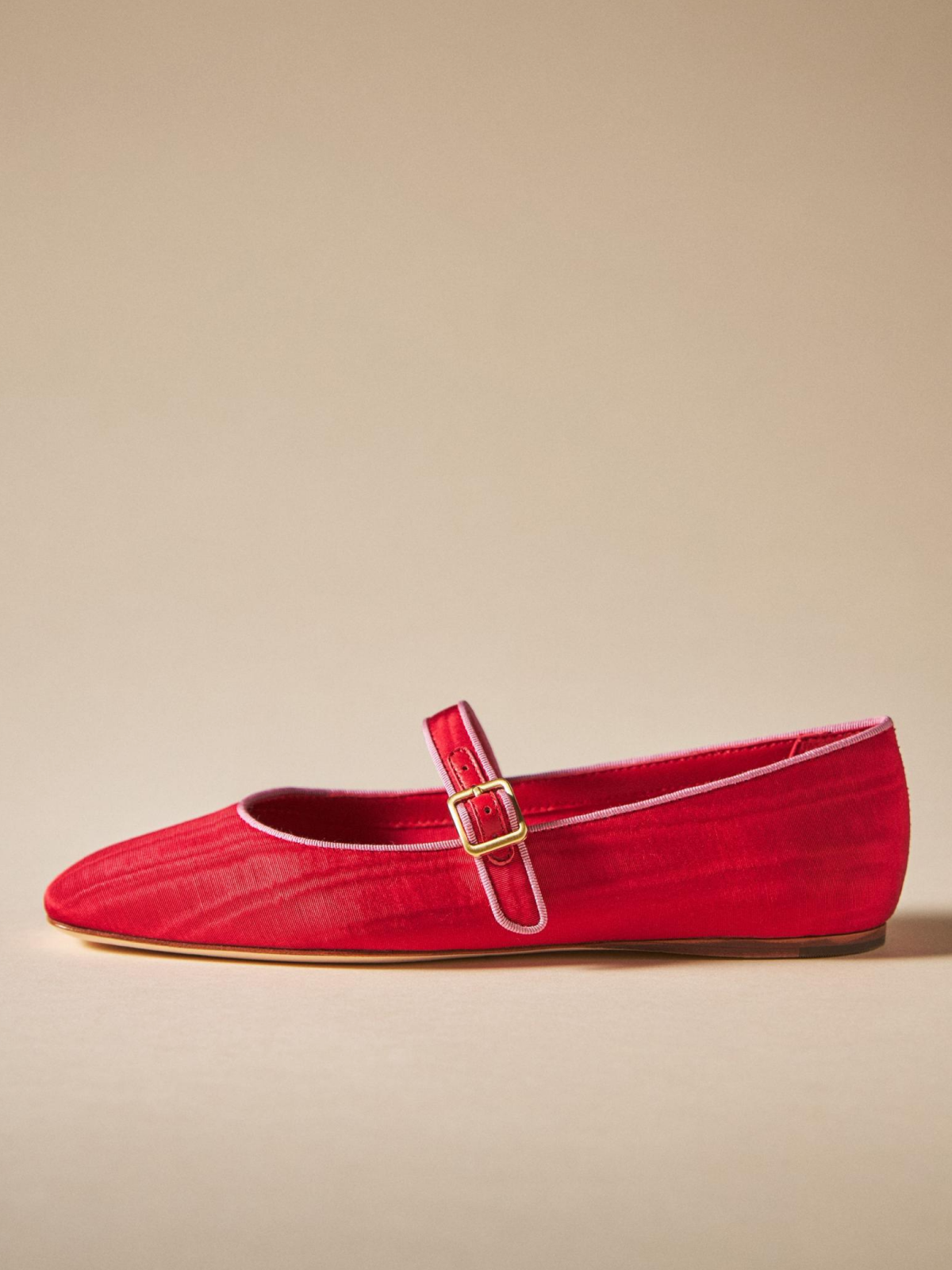 Red Satin Square-Toe Flats Mary Janes With Buckled Strap