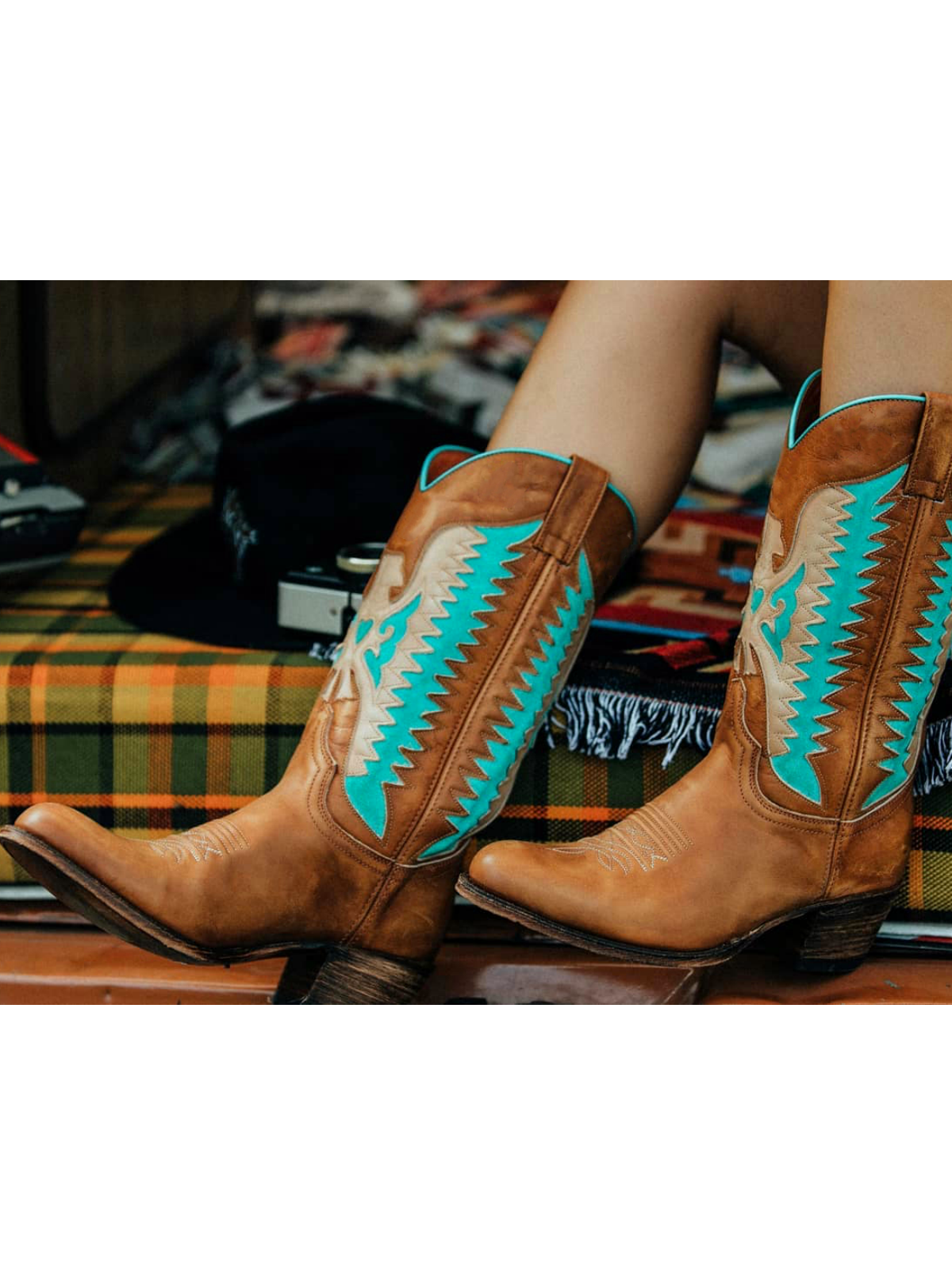 Brown Almond-Toe Wide Mid Calf Cowgirl Boots With Thunderbird Heart Inlay