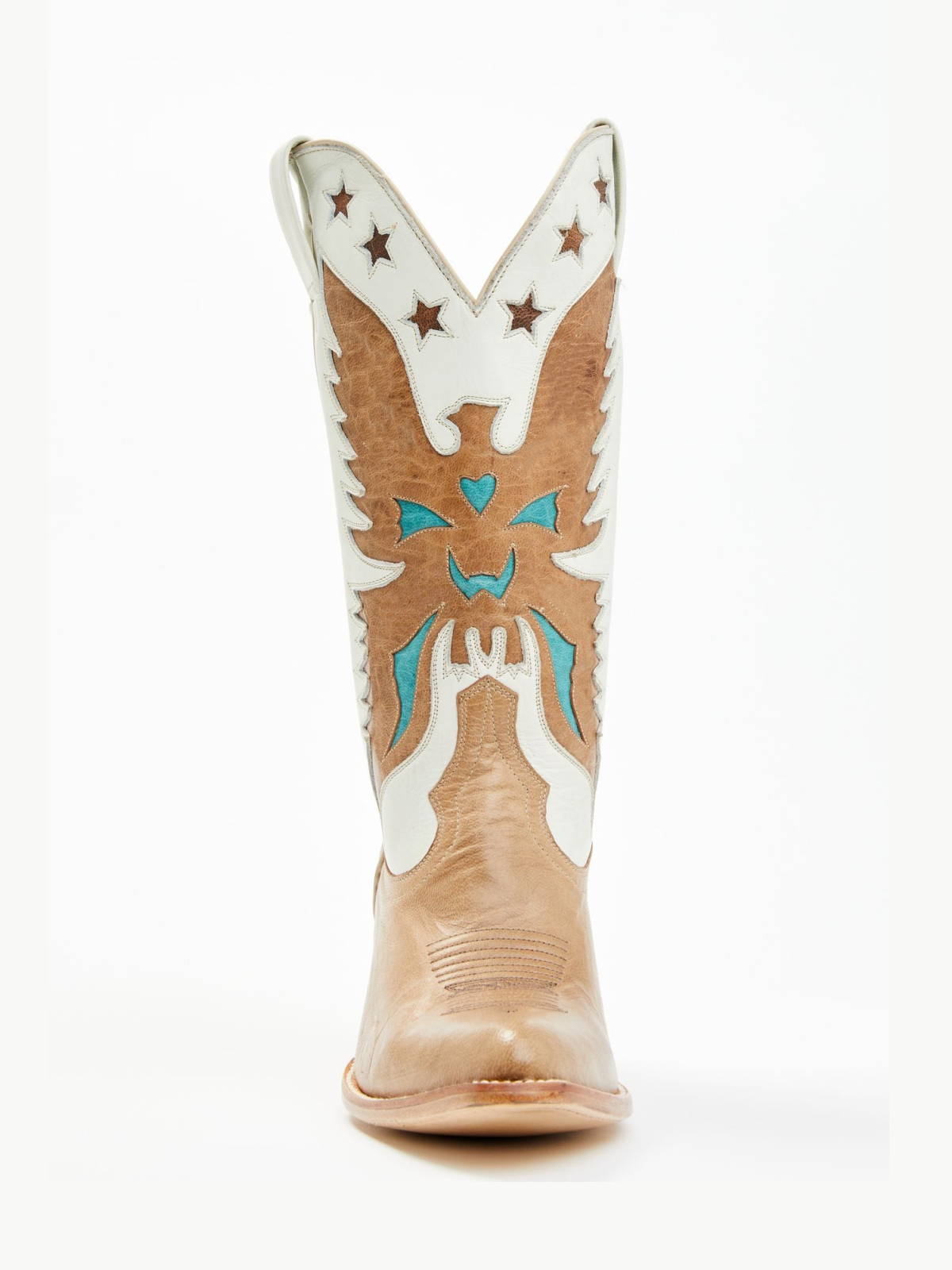 Contrast Tan And Ivory Pointed-Toe Eagle Star Inlay Wide Mid Calf Tall Cowgirl Boots