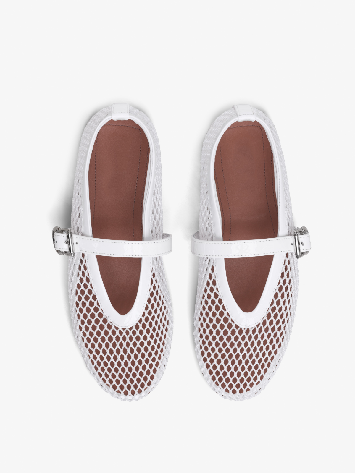 White Fishnet Ballet Flats Mary Janes With Buckle Strap