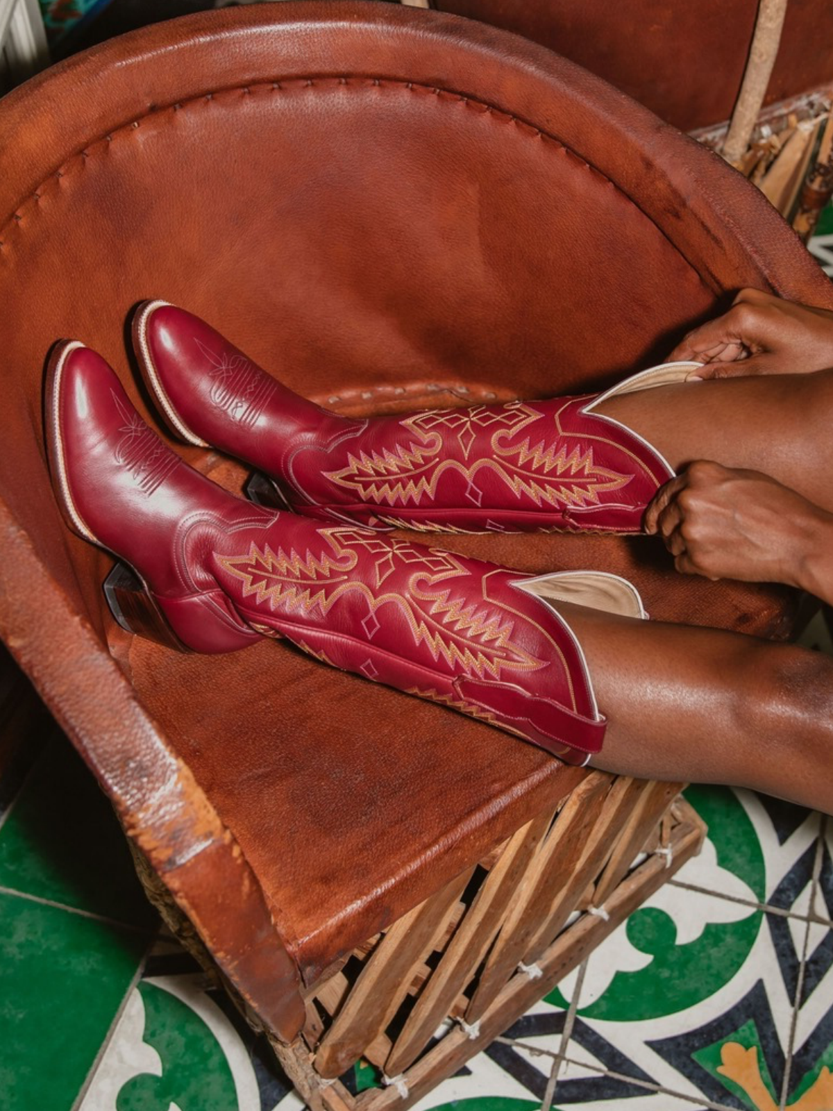 Red Embroidered Almond-Toe Mid Calf Western Boots Wide Calf Cowgirl Tall Boots