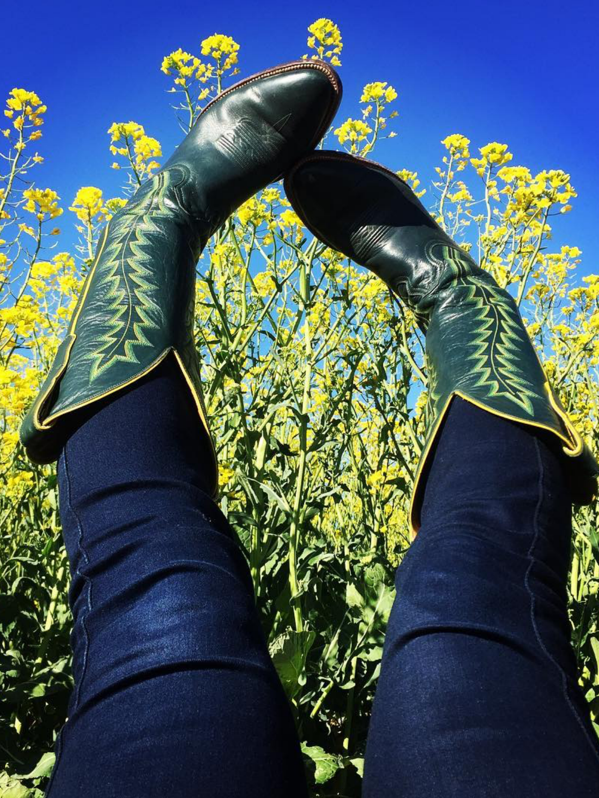 Dark Green Vegan Leather Embroidery Almond-Toe Wide Mid Calf Tall Cowgirl Boots