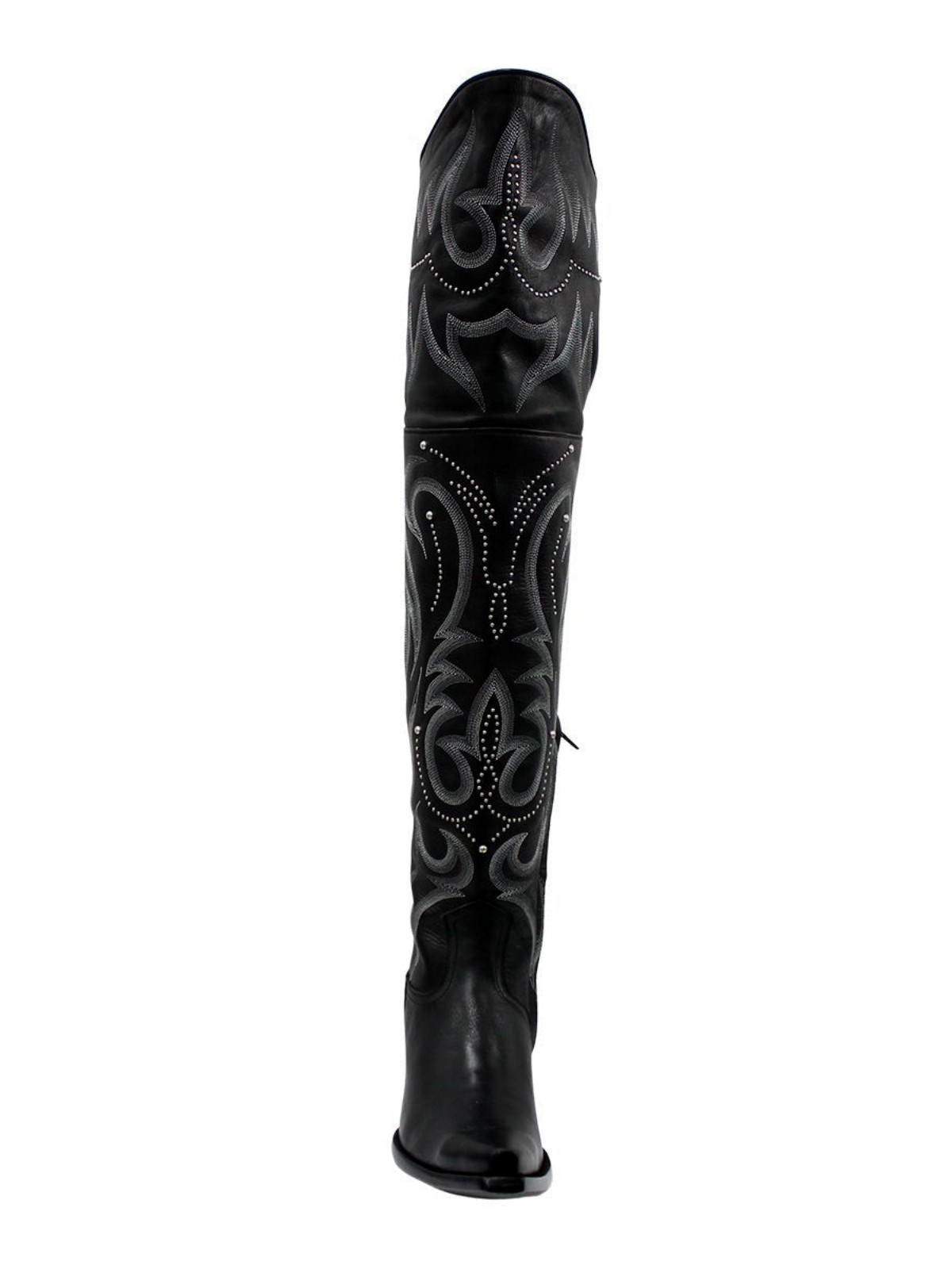 Black Snip-Toe Studded Embroidery Half-Zip Over-The-Knee Cowgirl Boots