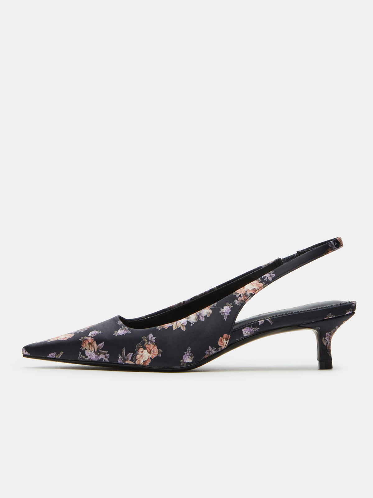 Dark Blue Floral Silk Fabric Pointed-Toe Slingback Strap Kitten Heels