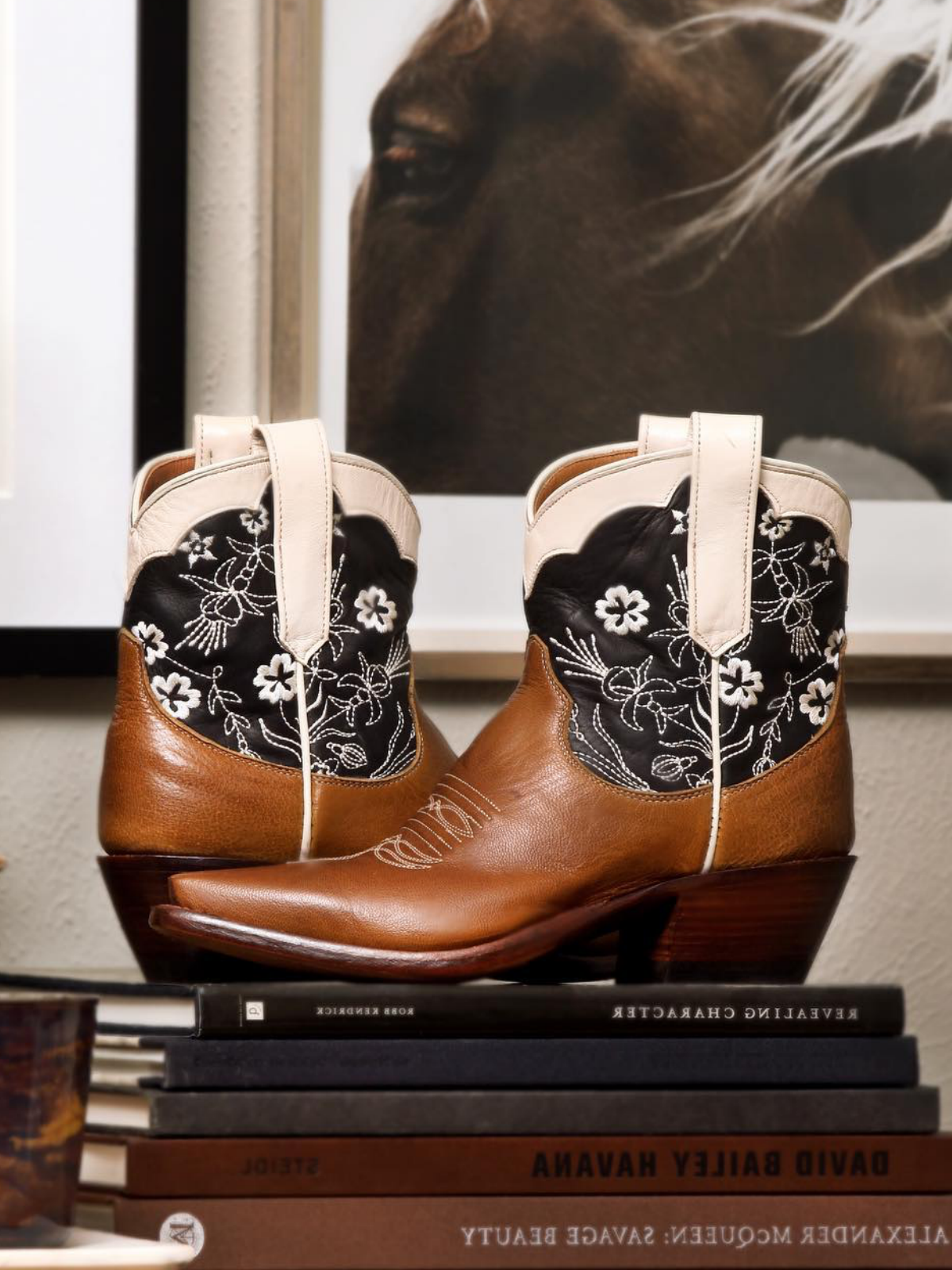 Contrast Tri-Color Snip-Toe Cowgirl Ankle Booties With Floral Embroidery