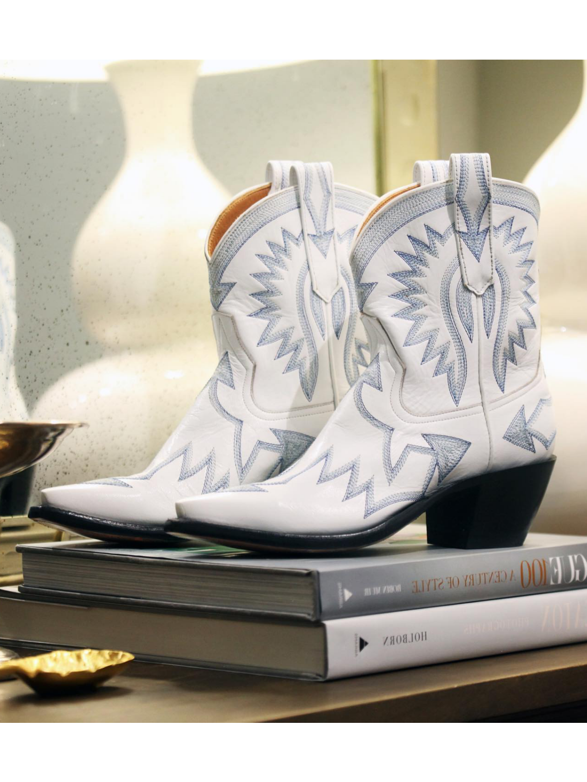 Jagged Embroidery Snip-Toe Wide Mid Calf Cowgirl Boots - White